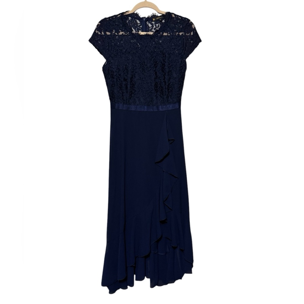 Miusol Navy Blue Lace Ruffle Long Modest Formal Party Dress Women’s Size Medium